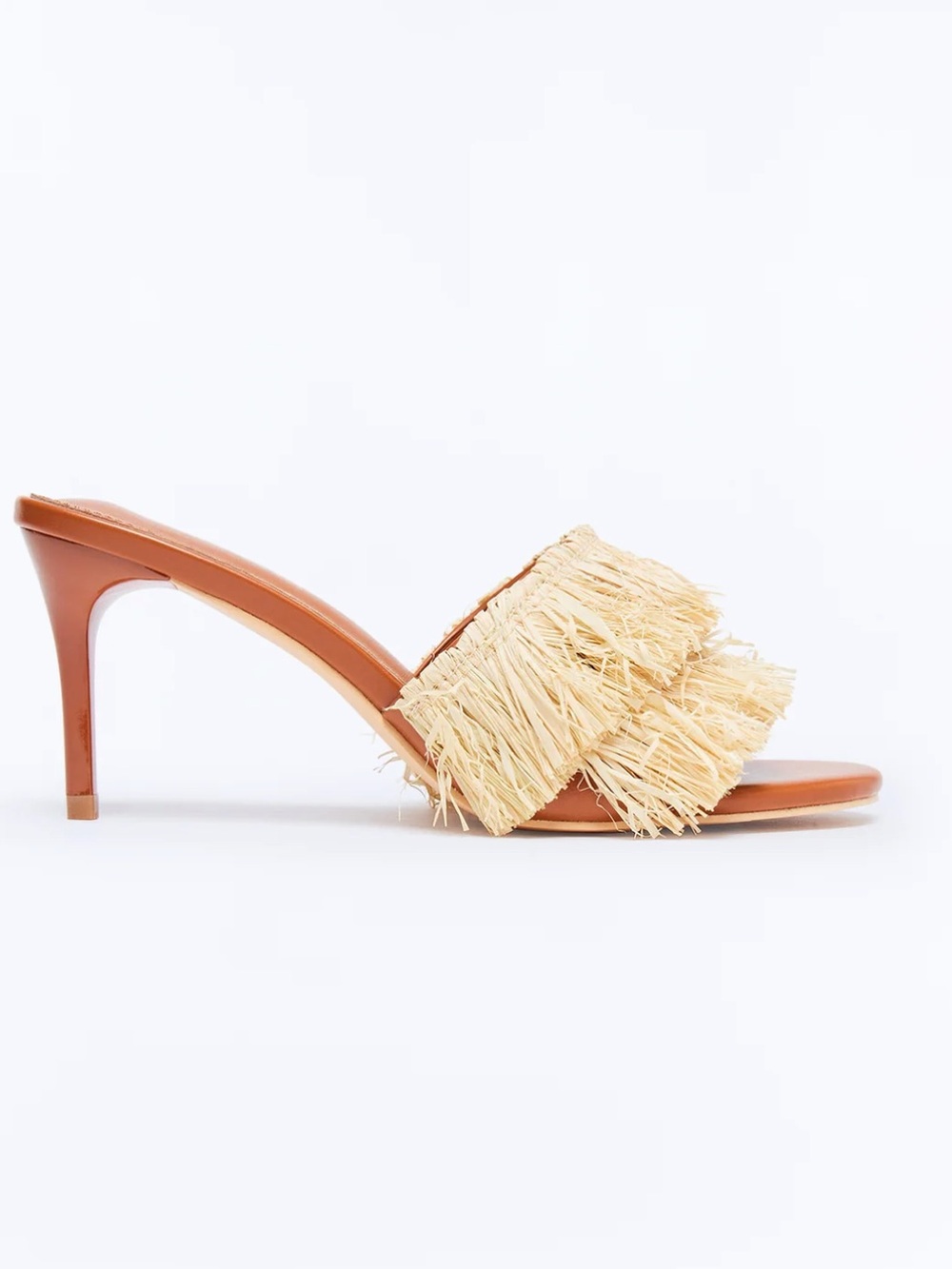 Tan Leather Slide Heel - Raffia Fringe
